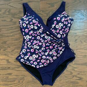 Quayside Navy Floral Violet Drawstring One Piece Swimsuit US Size 18 NWT